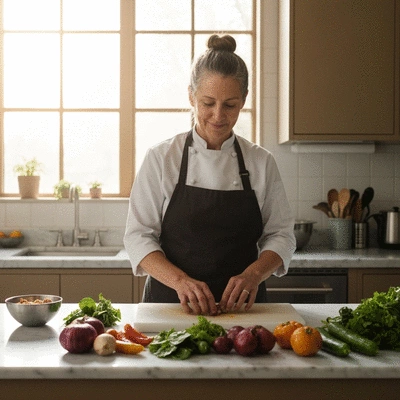 Chef preparing a dish with fresh seasonal ingredients in a modern kitchen setting
