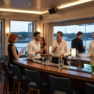 Elegant cocktail party at a waterfront bar, guests mingling with drinks, soft lighting, no text, no words, no typography, 8K, clean image