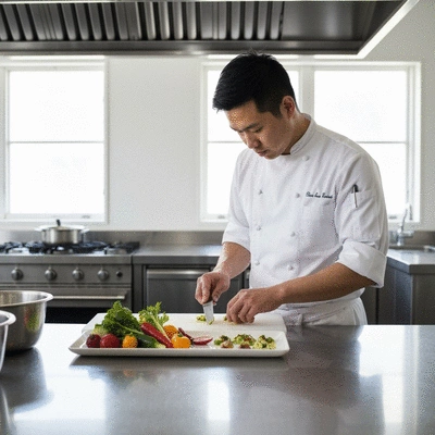 Chef in a modern kitchen preparing a dish with fresh, locally sourced vegetables, focus on sustainable practices, professional food photography, no text, no words, no typography, clean image