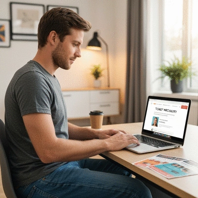 Person using a laptop to book tickets for a community event online, with a coffee cup and event flyers on the desk
