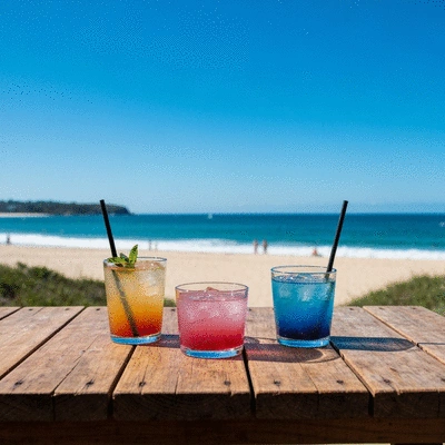 Refreshing cocktails on a beach table with Mordialloc beach in the background