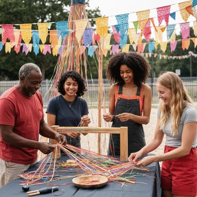 Diverse group of people collaborating on a community festival, setting up decorations together, bright and lively atmosphere, no text, no words, no typography, 8K