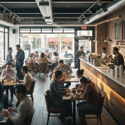 Sunny Boy Bar & Cafe bustling with customers, enjoying coffee and food, with a focus on community interaction