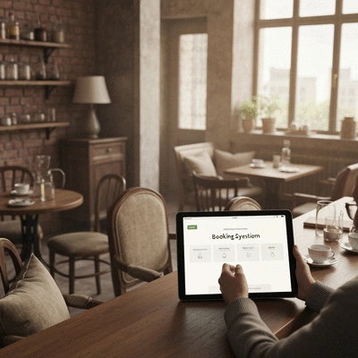 People making reservations at a charming cafe, showing a tablet with a booking system