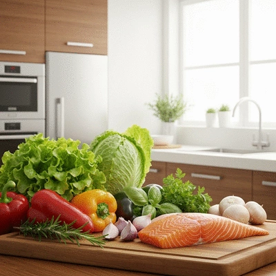 Close-up of fresh, colorful seasonal ingredients being prepared for a meal, clean kitchen background, no text, no words, no typography
