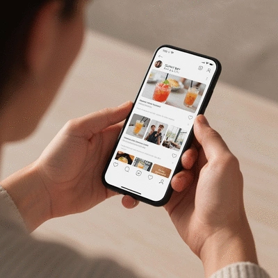 Person using a smartphone to check social media updates for Sunny Boy Bar & Café