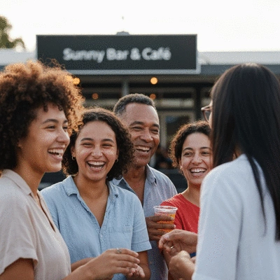 Diverse group of people smiling and interacting at a lively community gathering in Mordialloc, with Sunny Boy Bar & Café in the background