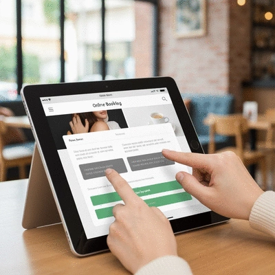 Modern online booking interface on a tablet, hands interacting with screen, cafe background, no text, no words, no typography, 8K, clean image
