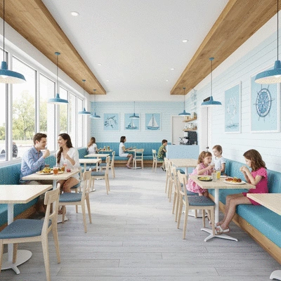 Sunny Boy Bar & Café interior with customers enjoying meals, bright and welcoming atmosphere, no text, no words, no typography