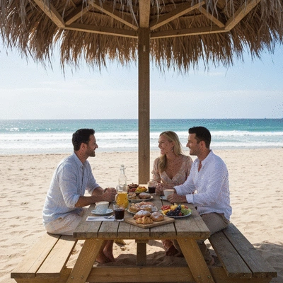 Sunny Boy Bar & Café brunch spread with fresh ingredients on a picnic table by the beach