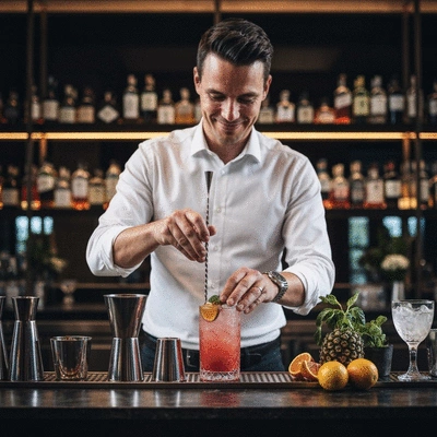 Expert mixologist crafting a vibrant cocktail at a bar with fresh ingredients