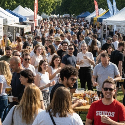 People enjoying a lively outdoor festival, with food stalls, music, and happy faces, sunny day, no text, no words, no typography, 8K