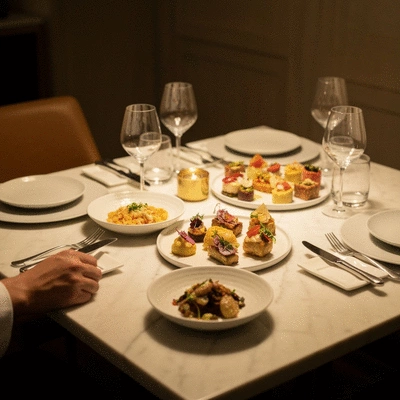 Intimate chef's table setting with elegant dishes and soft lighting, no text, no words, no typography, clean image