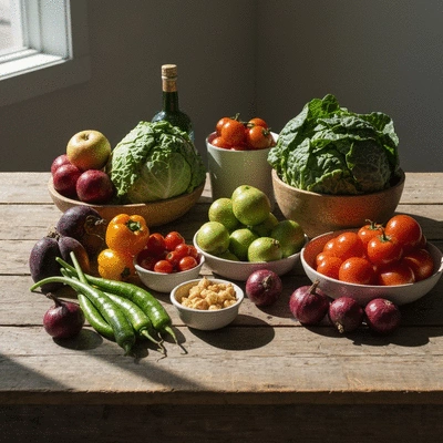 Assortment of fresh, colorful local produce on a rustic wooden table, farm-to-table concept, no text, no words, no typography, clean image